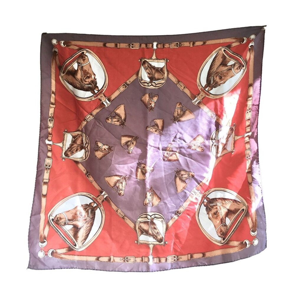 Large Acetate Scarf Made in Japan Equestrian Theme Vintage Accessory